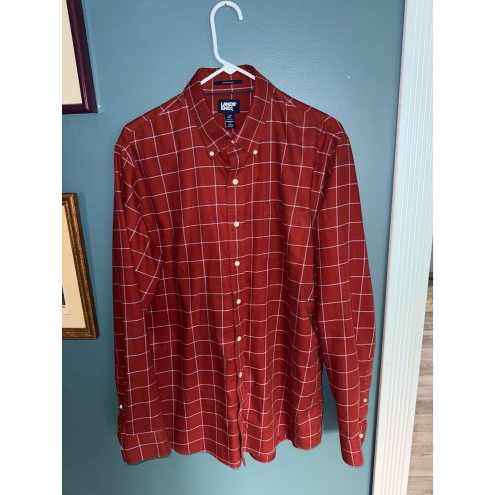 Lands' End Men's Red Windowpane Button-Down Shirt 251